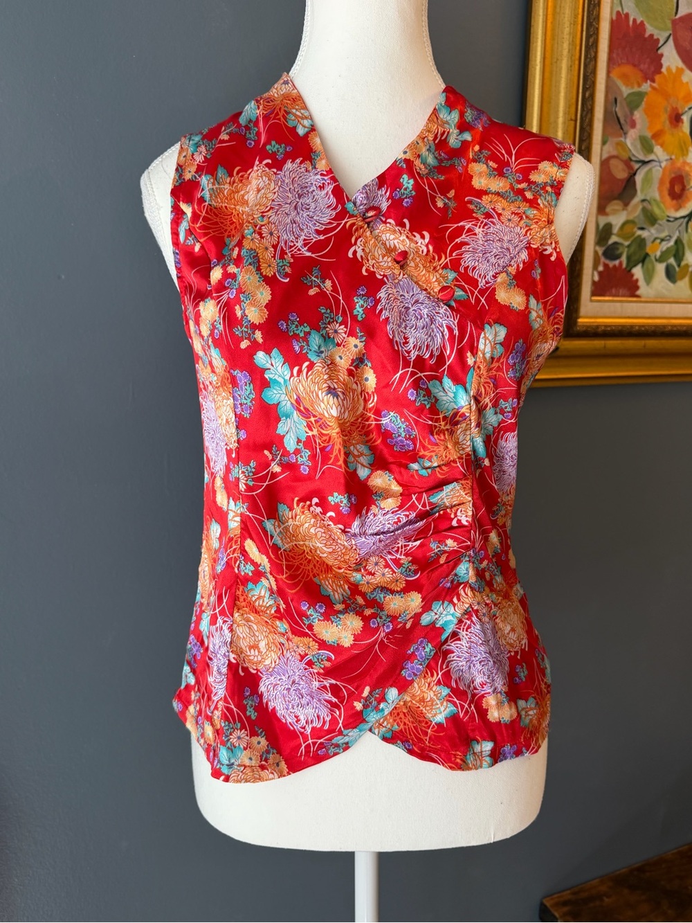 90s Floral Satin Sleeveless Wrap Top